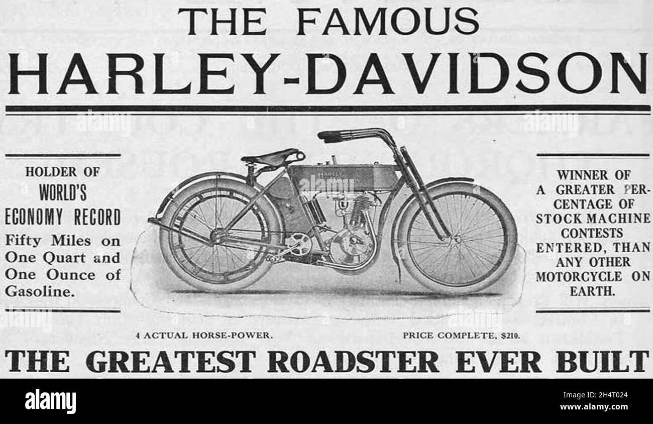 HARLEY-DAVIDSON fabricante de motocicletas americano. Anuncio en el periódico sobre 1910 Foto de stock
