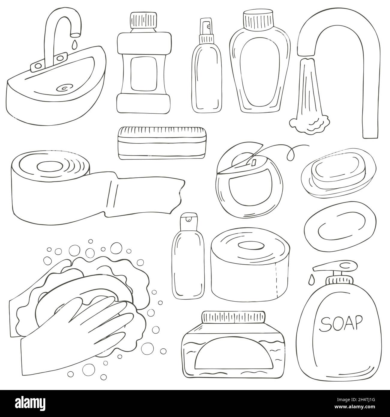 Conjunto de elementos de diseño para colorear. Un conjunto de artículos de  baño en el estilo de un dibujo de mano. Recolección de latas, paquetes,  tubos. Antiséptico, hilo dental, t Imagen Vector