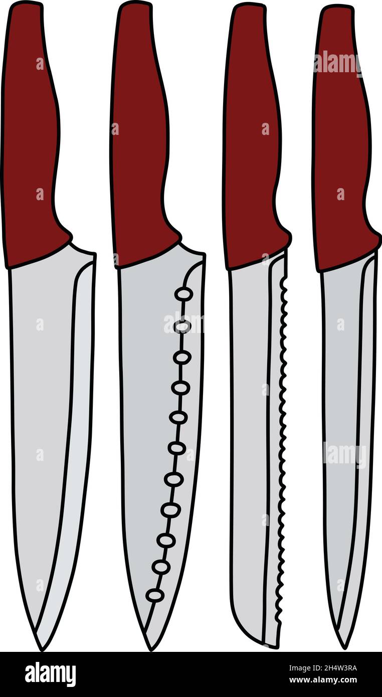 El dibujo a mano vectorizado de cuatro cuchillos de cocina grandes con  mangos de plástico rojo Imagen Vector de stock - Alamy
