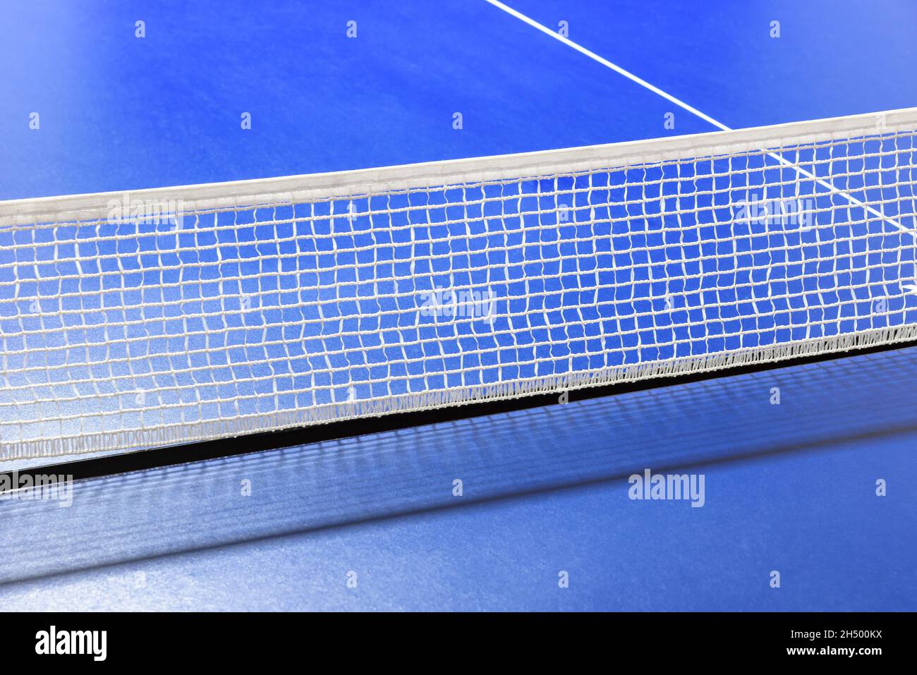 Cierre de la red de tenis de mesa azul como fondo deportivo Foto de stock