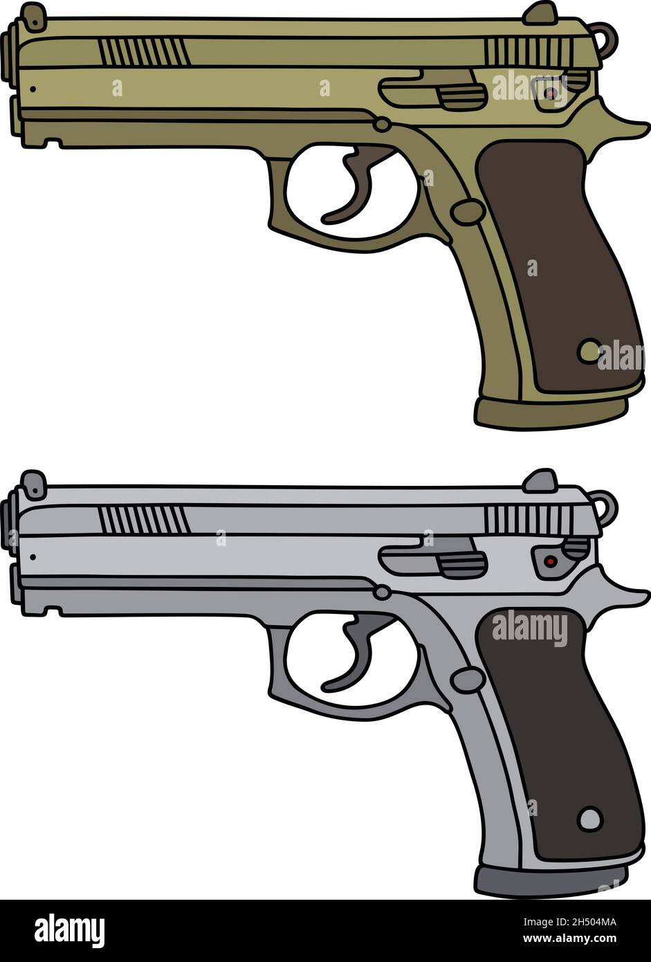 Dibujo a mano de pistolas automáticas grandes de oro y plata recientes  Imagen Vector de stock - Alamy