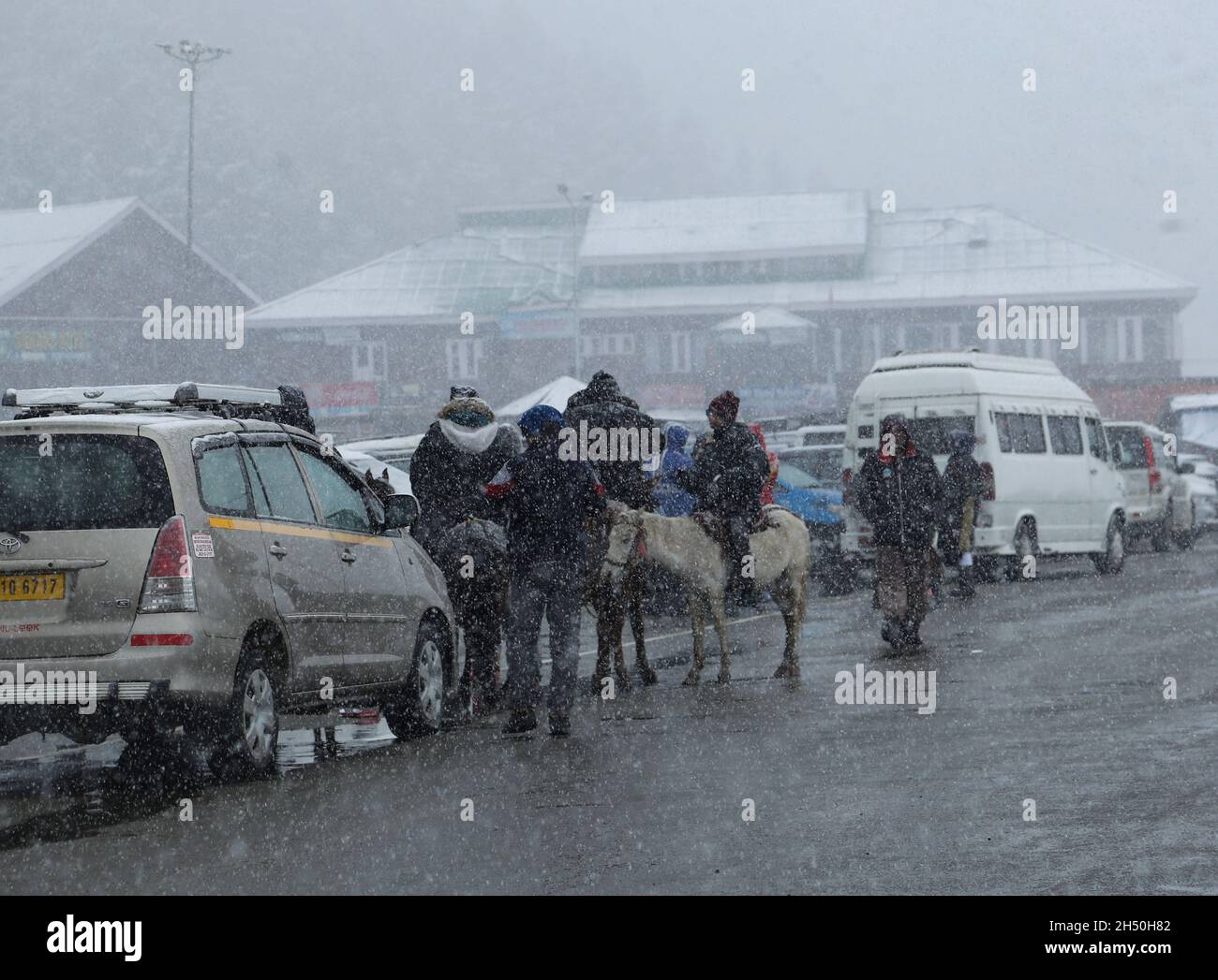 Srinagar, India. 05th Nov, 2021. Grupo de turistas indios disfrutan de la primera nevada de la temporada en Gulmarg, al oeste de Srinagar, India, el 5 de noviembre de 2021. A medida que el valle de Cachemira recibía fuertes nevadas en sus zonas altas, la carretera nacional Srinagar-Leh, de 434 km, la carretera más alta del mundo, estaba cerrada al tráfico. (Foto por : Sajad Hameed/Agencia Fotográfica INA/Sipa USA) Crédito: SIPA USA/Alamy Live News Foto de stock