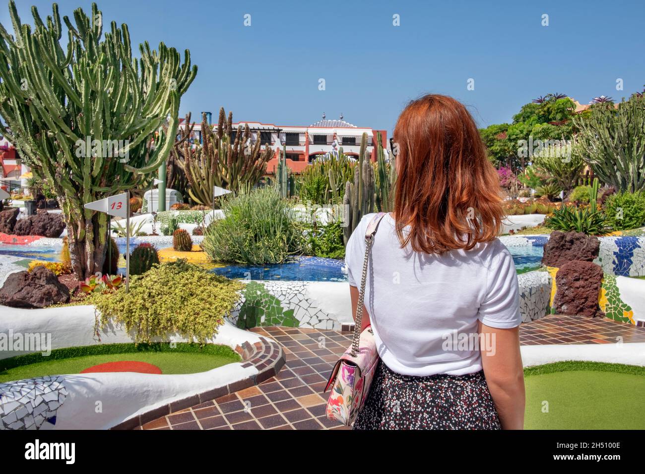 Vista trasera de una joven caucásica de cabeza roja mirando el fabuloso  jardín de cactus xeriscape frente a ella, Mini Golf Santiago, Playa de Las  Américas Fotografía de stock - Alamy