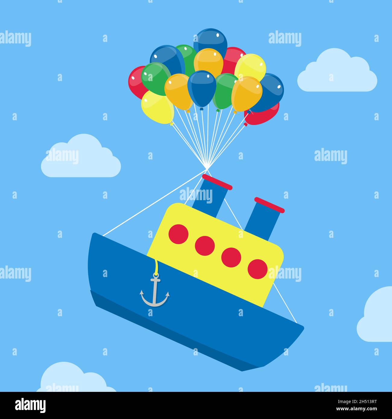 Barco colgado de globos de helio, flotando y volando en el cielo. Ilustración del Vector