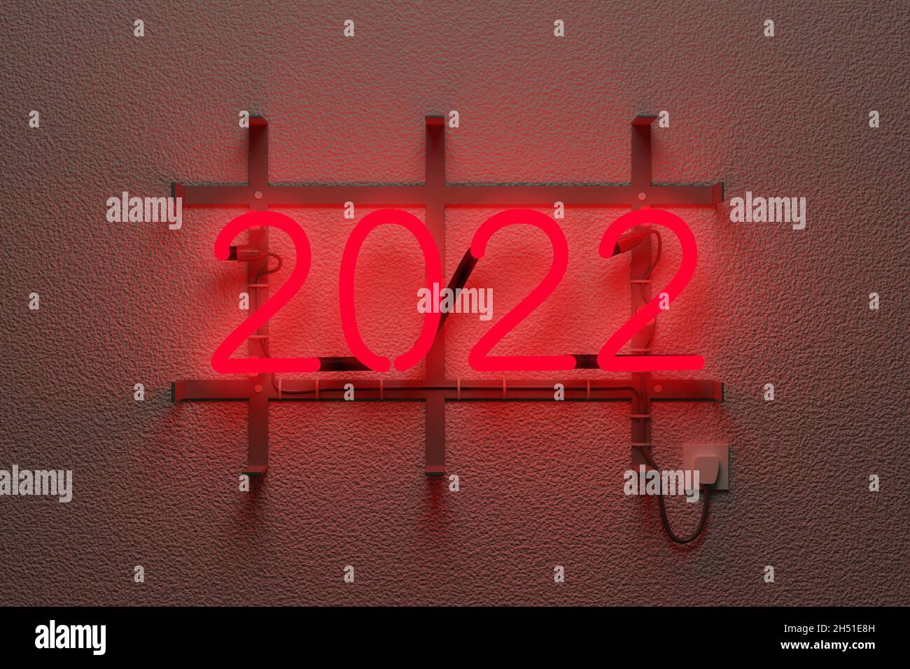 Signo de neón realista con la leyenda 2022. Concepto de año nuevo. ilustración 3d. Foto de stock