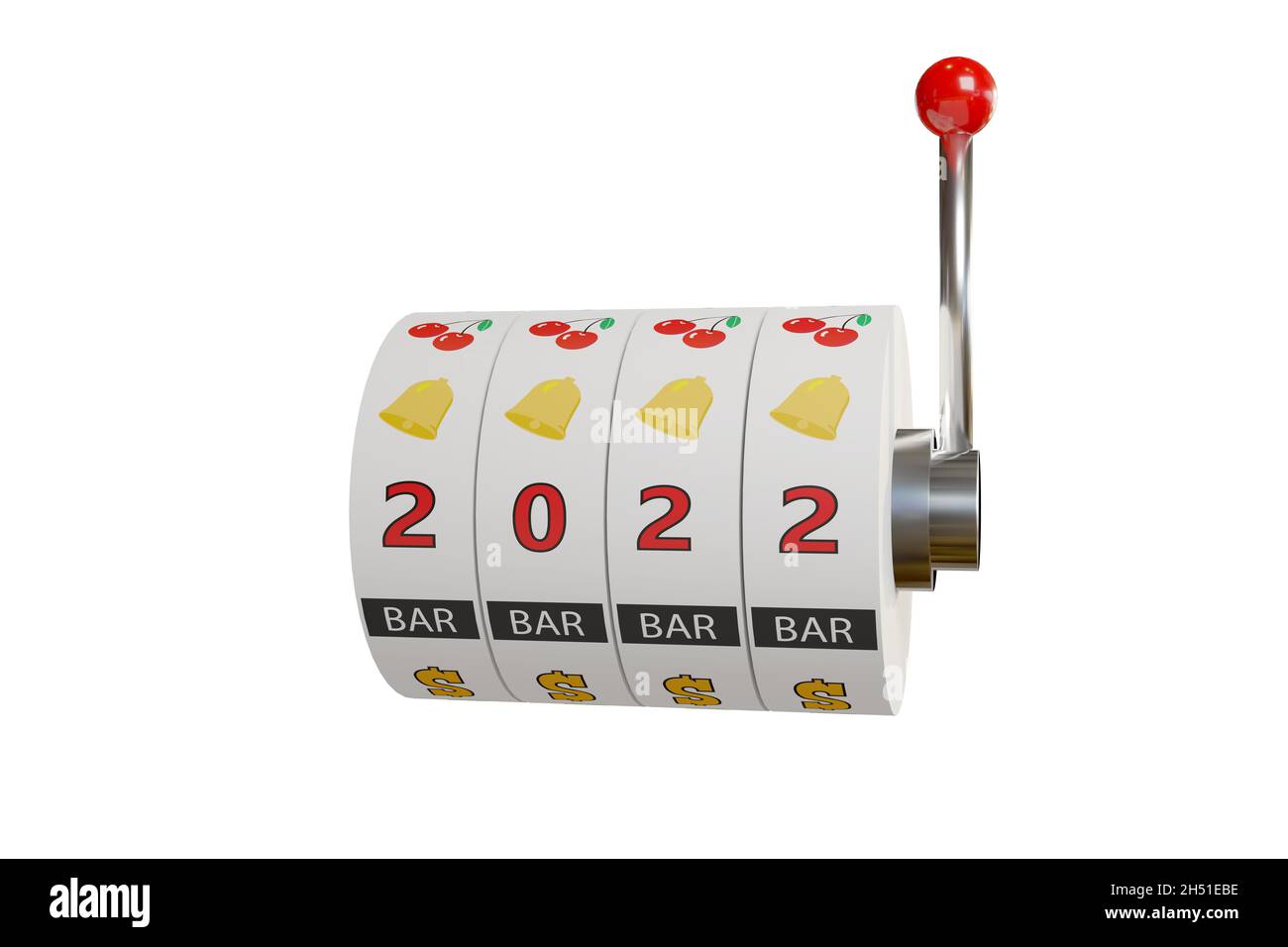 Ruedas de una máquina de ranura con el número 2022 aislado sobre fondo blanco. Concepto de año nuevo. ilustración 3d. Foto de stock