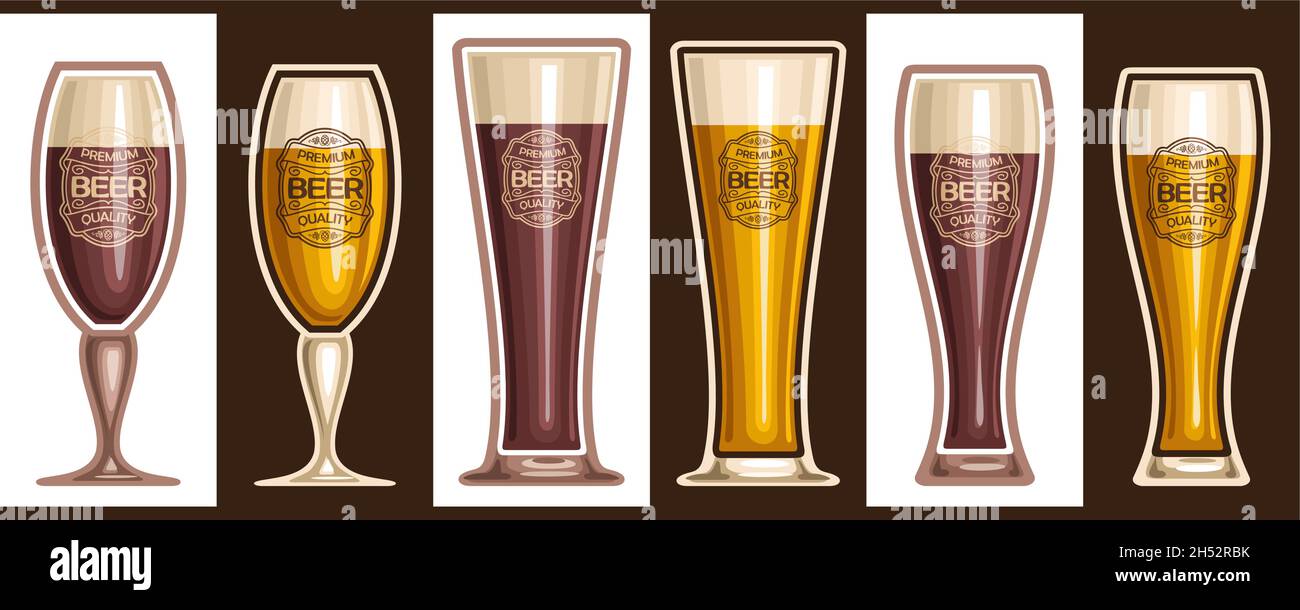 Juego de vasos de cerveza vectorial, colección de ilustraciones cortadas  Cerveza refrescante variada con diversas etiquetas sobre fondo blanco y  negro Imagen Vector de stock - Alamy