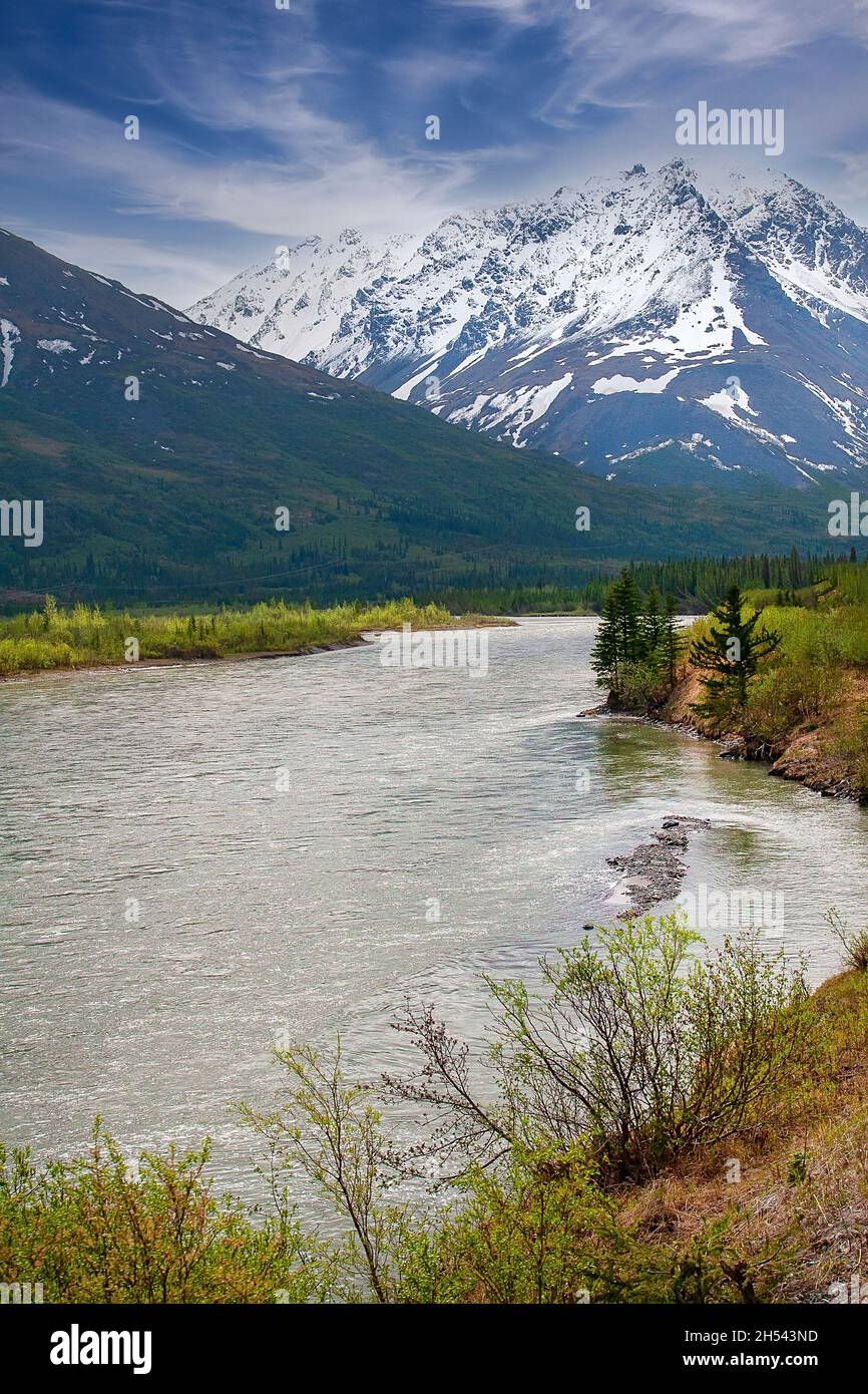 El río fluye a través del valle en el Parque Nacional Denali, Alaska Foto de stock