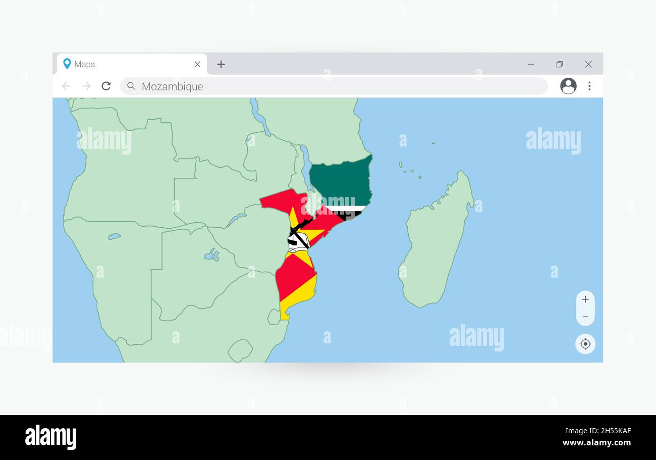 Ventana del navegador con mapa de Mozambique, buscando en Mozambique en Internet. Plantilla de ventana de navegador moderna. Ilustración del Vector