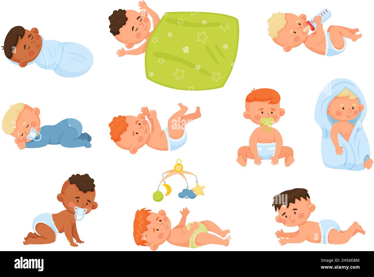 Bebés de dibujos animados, lindos recién nacidos, niños pequeños felices.  Niños pequeños y niñas personajes en pañales bebiendo leche gateando o  juego de vectores durmiendo. Niños sonriendo, bebiendo leche y jugando con