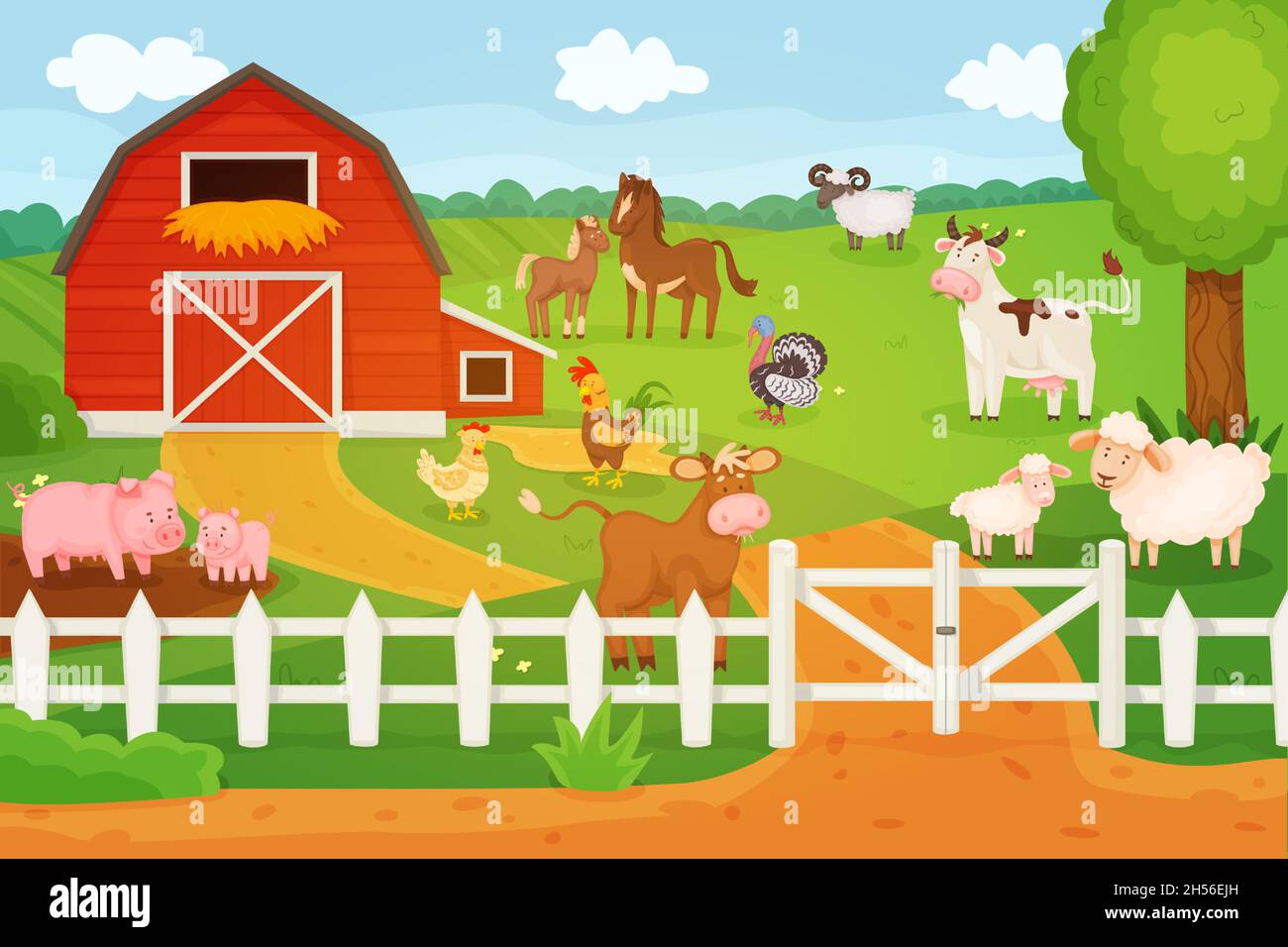 Animales de dibujos animados que viven en la granja, vaca, oveja, pollo.  Paisaje rural con personajes de granero y animal, estilo de vida rural  ilustración vectorial. Ganado doméstico, paisaje al aire libre