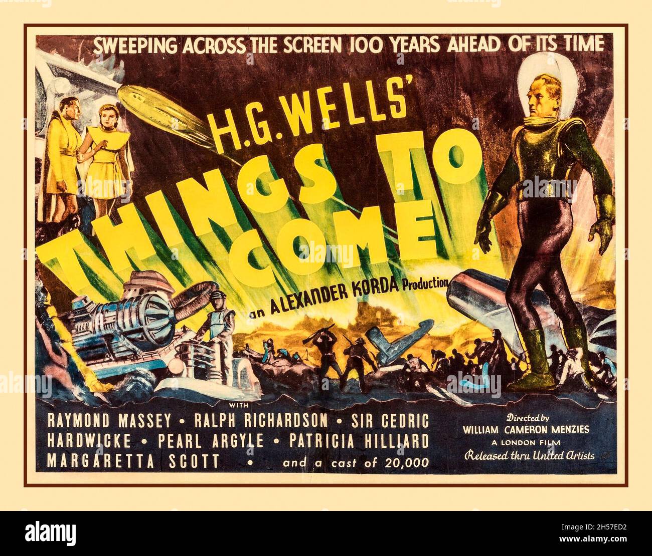 Película de la vendimia Cartel para H G Wells COSAS POR VENIR 1936. Producción de Korda protagonizada por Raymond Massey Ralph Richardson United Artists Fotografía stock Alamy