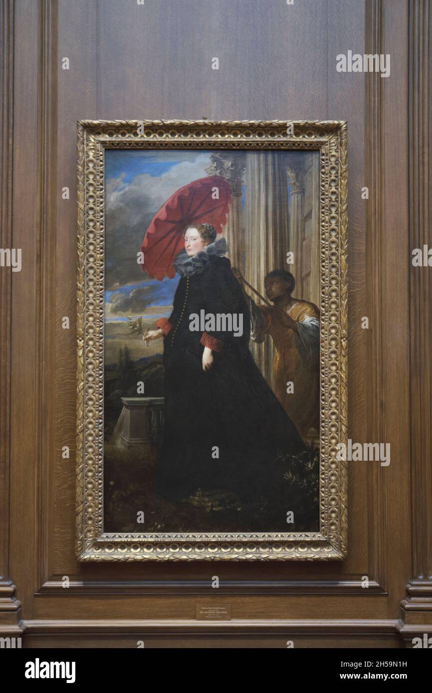 Una pintura al óleo de Marchesa Elena Grimaldi Cattaneo del artista flamenco Anthony Van Dyck. Un esclavo que sostiene un paraguas rojo. En Galería Nacional de Fotografía de - Alamy