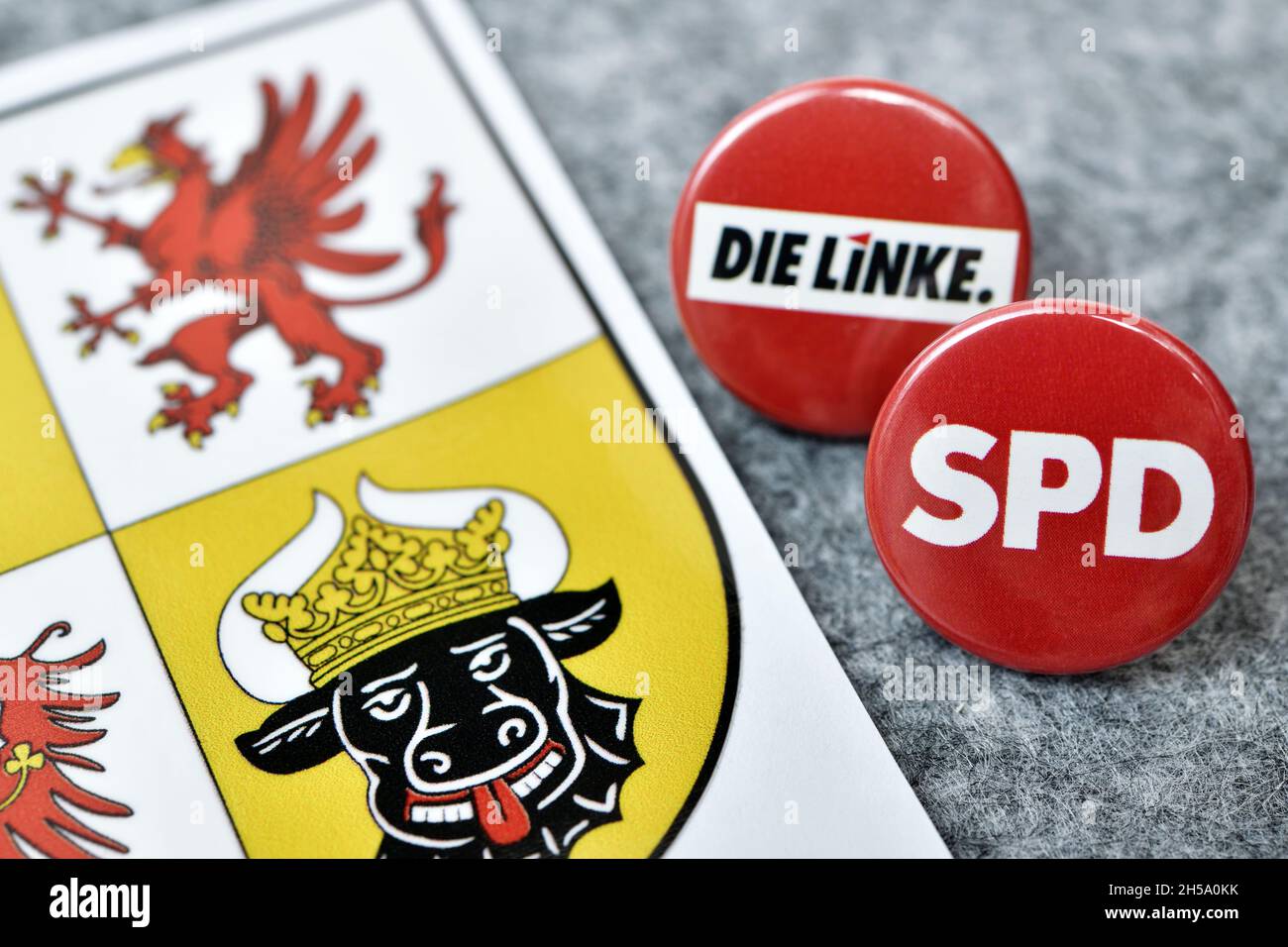 Anstecker von SPD und Die Linke auf dem Landeswappen von Mecklenburg-Vorpommern Foto de stock
