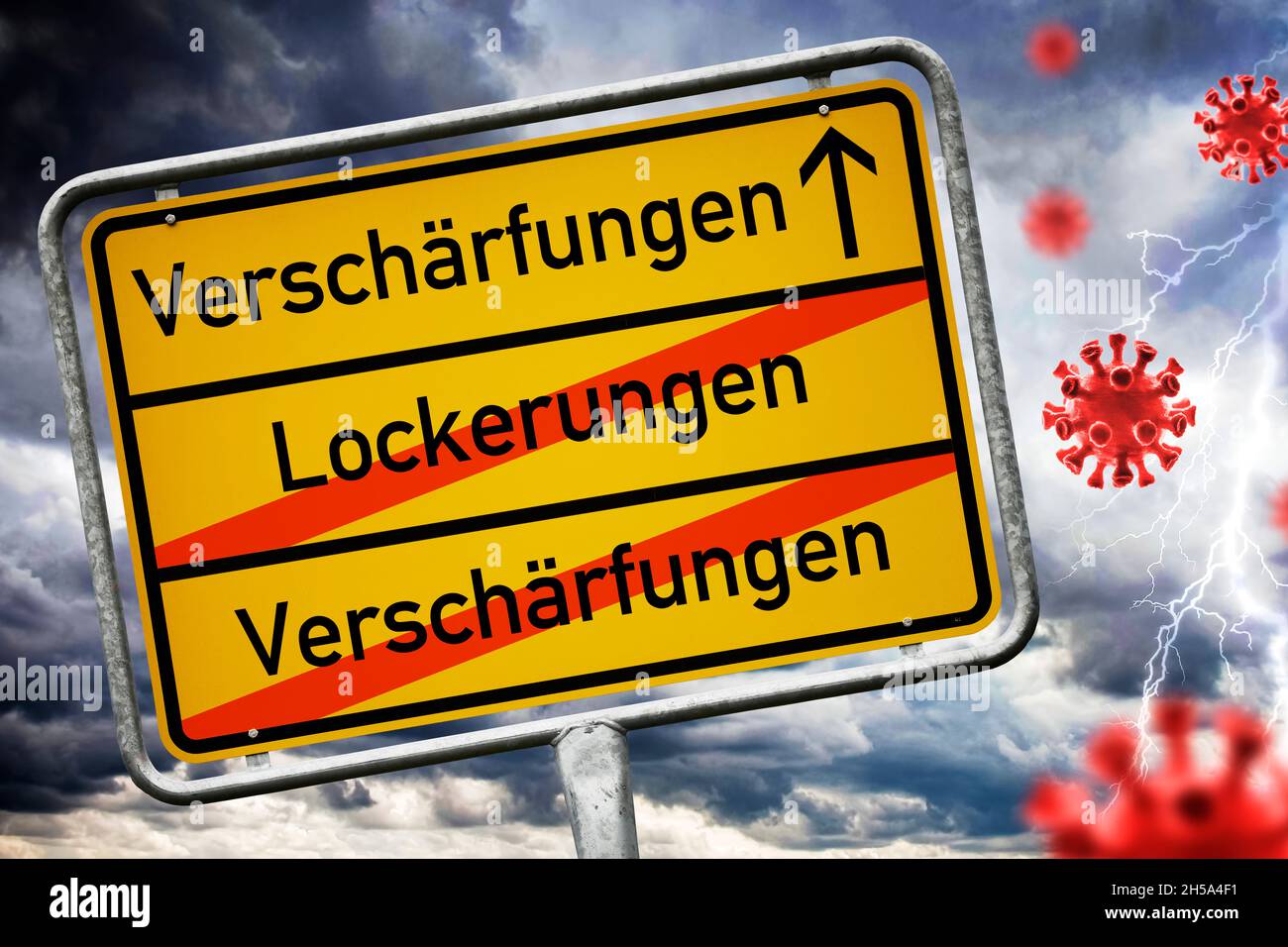 FOTOMONTAGE, Ortsschild mit der Aufschrift Verschaerfungen Lockerungen Verschaerfungen, Symbolfoto fuer wechselnde Corona-Massnahmen Foto de stock