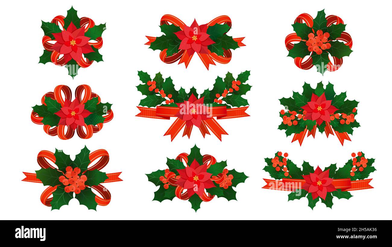 Conjunto de cintas de Navidad decoraciones con arcos rojos, ramas verde  acebo y flores de poinsettia. Colección de elementos Vector de Navidad de  cintas rojas con h Imagen Vector de stock -