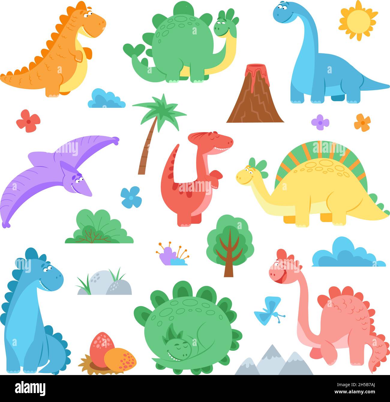 Dinosaurio de dibujos animados. Lindos colores dino, dinosaurios animales  salvajes. Personajes divertidos depredadores. Dragones infantiles volcán  palmas decente vector conjunto Imagen Vector de stock - Alamy