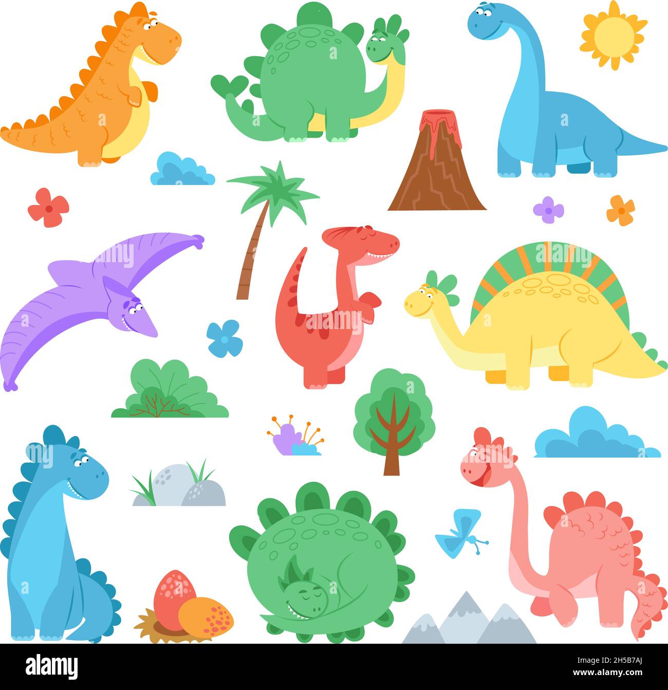 Dinosaurio de dibujos animados. Lindos colores dino, dinosaurios animales salvajes. Personajes divertidos depredadores. Dragones infantiles volcán palmas decente vector conjunto Imagen Vector de stock - Alamy Dinosaurio de dibujos animados. Lindos colores dino, dinosaurios animales salvajes. Personajes divertidos depredadores. Dragones infantiles volcán palmas decente vector conjunto Imagen Vector de stock - Alamy