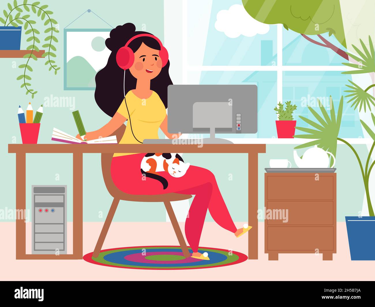 Oficina en casa. Dibujos animados de trabajo chica, mujer de negocios  trabajo a distancia. Mujer sentada en la computadora, estudiante plano  educación en línea decente vector concepto Imagen Vector de stock -