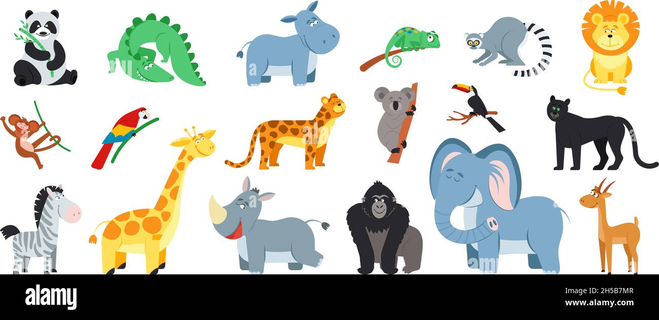 Animal exótico de dibujos animados. Paquete de animales aislados del zoológico, mono tigre panda salvaje de la selva. Lindo safari infantil decente vectores personajes clipart Ilustración del Vector