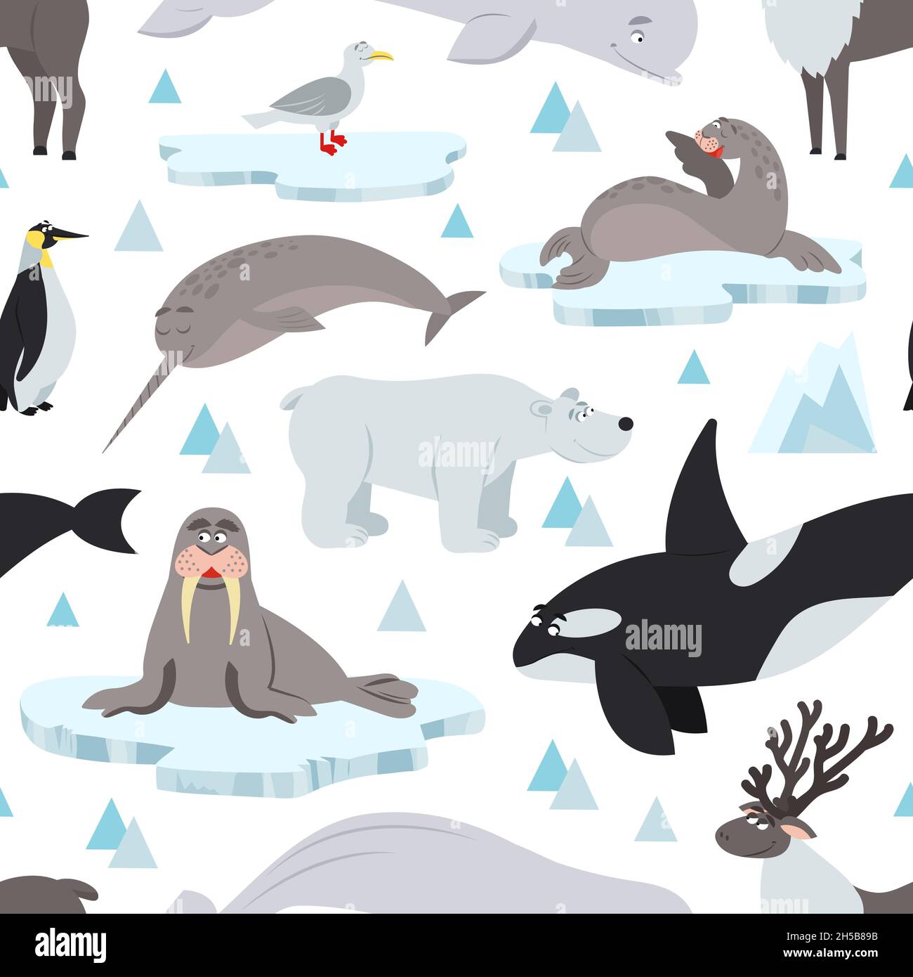 Colección de lindos animales polares, aves, mamíferos marinos que habitan  en el ártico y la antártida aislados en fondo blanco. conjunto de fauna  polar. ilustración de vector de color brillante en estilo