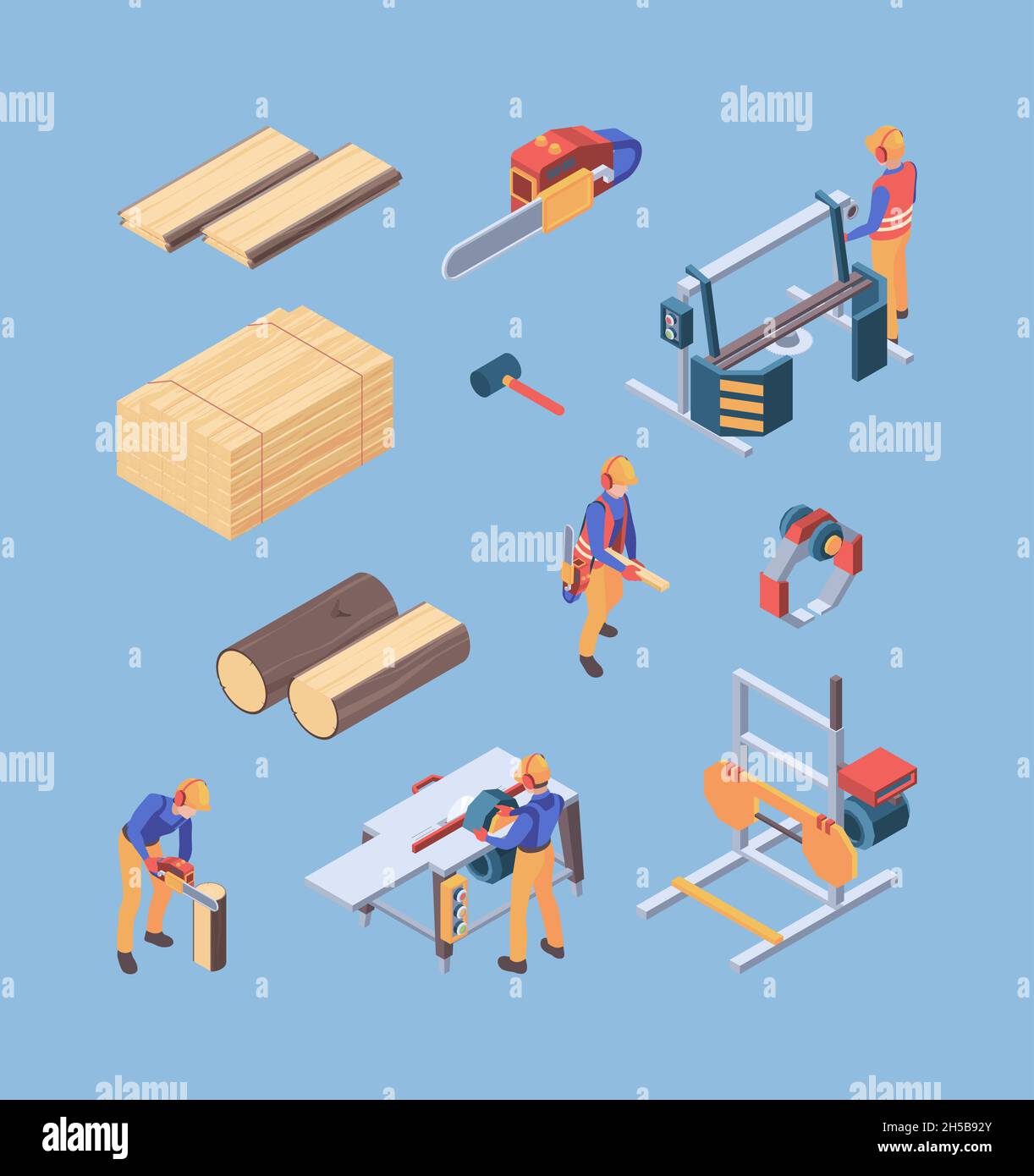 Trabajo de madera. Trabajadores de reparación producción de madera carpintería constructores de pared instalación de vectores aserradero herramientas Ilustración del Vector