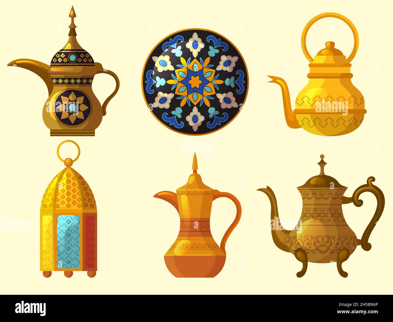 Patrimonio árabe. Arte cultural oriental objetos tradicionales diversos cerámica árabe emiratos decoración colección de vectores Ilustración del Vector