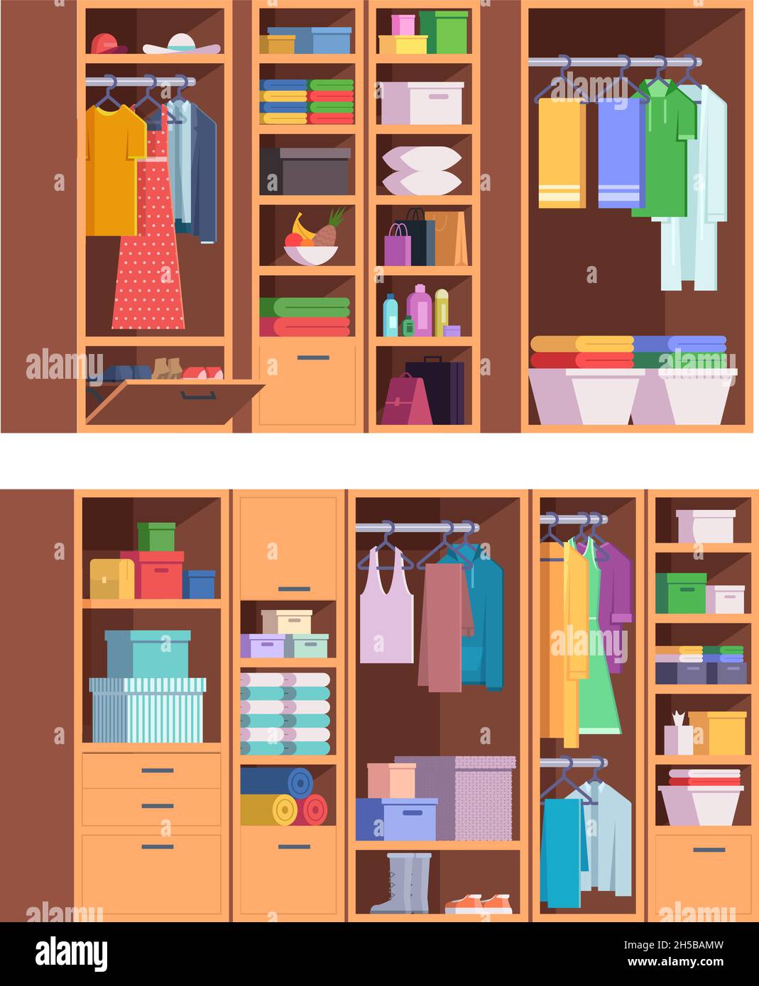 Armario. Puertas abiertas y cerradas de almacenamiento para el hogar para ropa interior organizado armario vector conjunto Ilustración del Vector