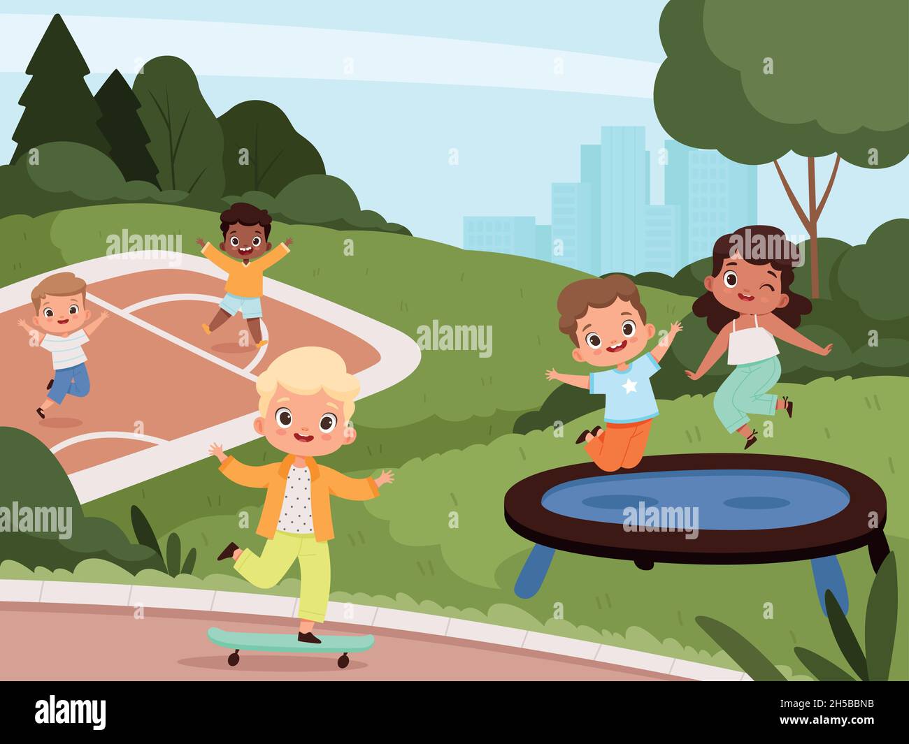 Saltando niños trampolín. Juegos infantiles activos en el patio de juegos  vector de dibujos animados fondo Imagen Vector de stock - Alamy