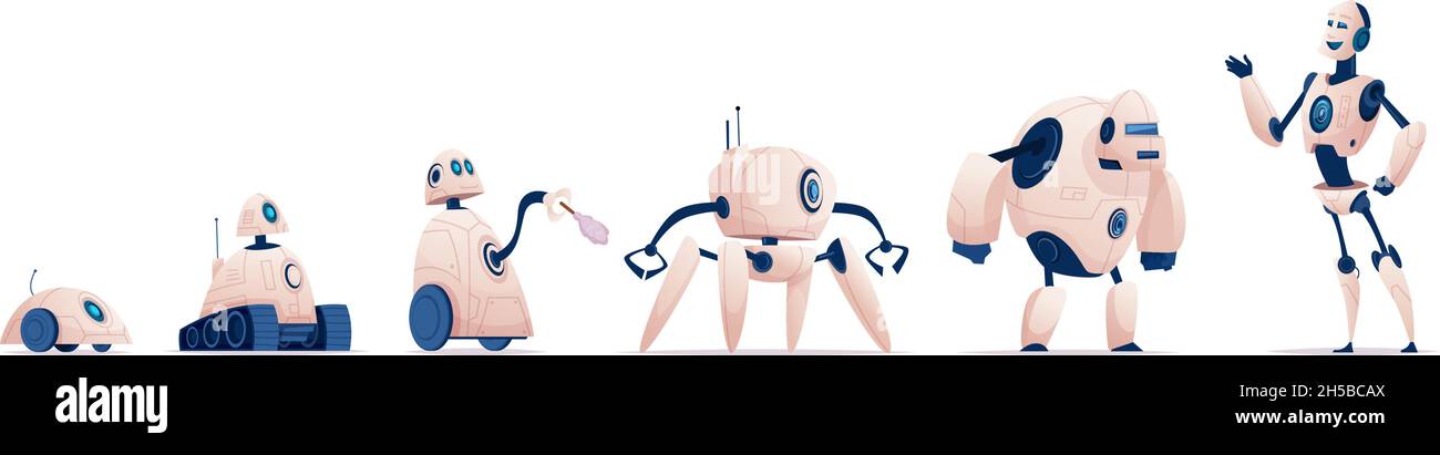Evolución del robot. Sistemas cyborg de la industria inteligente androide civil o militar de acero exacta vector caricatura de los personajes del robot Ilustración del Vector