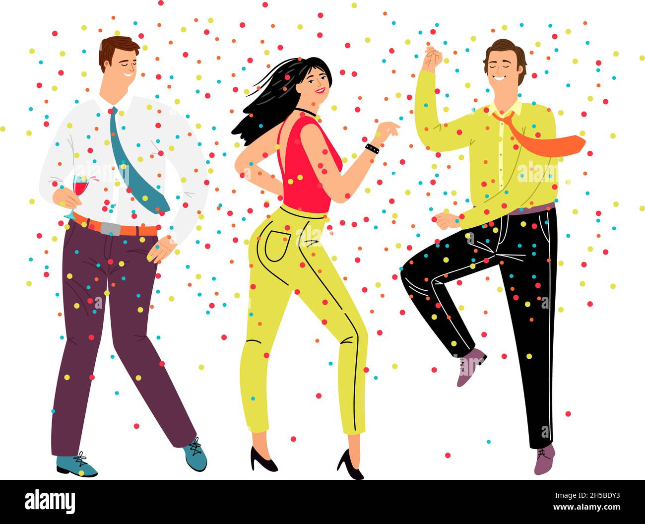 Fiesta de baile agradable. Personajes felices de dibujos animados celebran en trajes de negocios de moda, la gente bailando en confeti, concepto de trabajo en equipo y descanso Imagen Vector de stock - Fiesta de baile agradable. Personajes felices de dibujos animados celebran en trajes de negocios de moda, la gente bailando en confeti, concepto de trabajo en equipo y descanso Imagen Vector de stock -