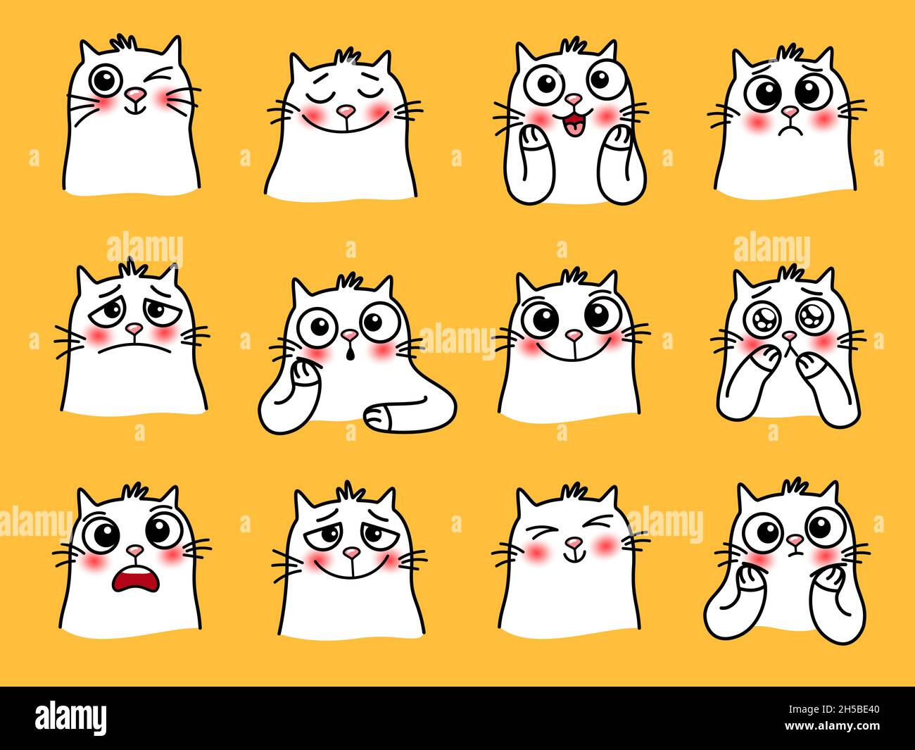 Pegatinas con caracteres de gato. Dibujos animados mascotas con emociones  lindas, sonrientes imágenes gráficas de animales amorosos, ilustración  vectorial de emoji gracioso de gatos con grandes ojos aislados en el  backgro amarillo
