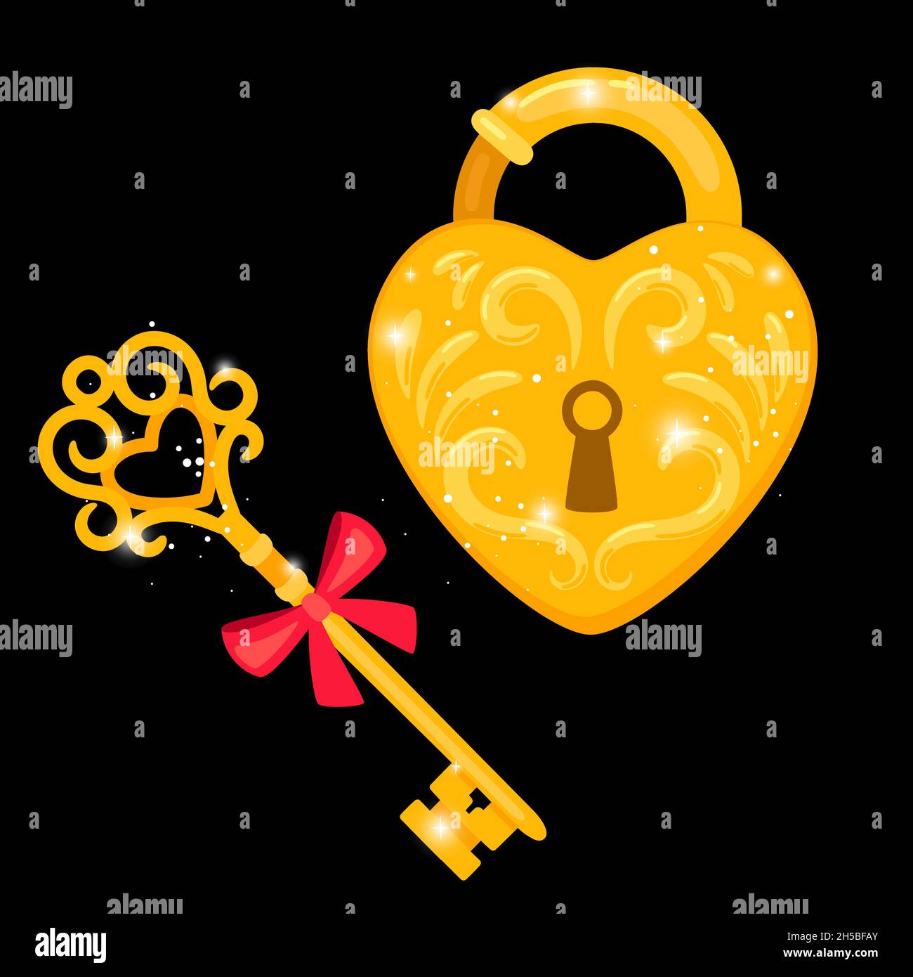 Llave dorada y candado. Símbolo de seguridad con dibujos animados, elementos antiguos para cerrar puertas, ilustración vectorial de objetos medievales decorativos para la protección del hogar en el fondo negro Imagen Vector Llave dorada y candado. Símbolo de seguridad con dibujos animados, elementos antiguos para cerrar puertas, ilustración vectorial de objetos medievales decorativos para la protección del hogar en el fondo negro Imagen Vector