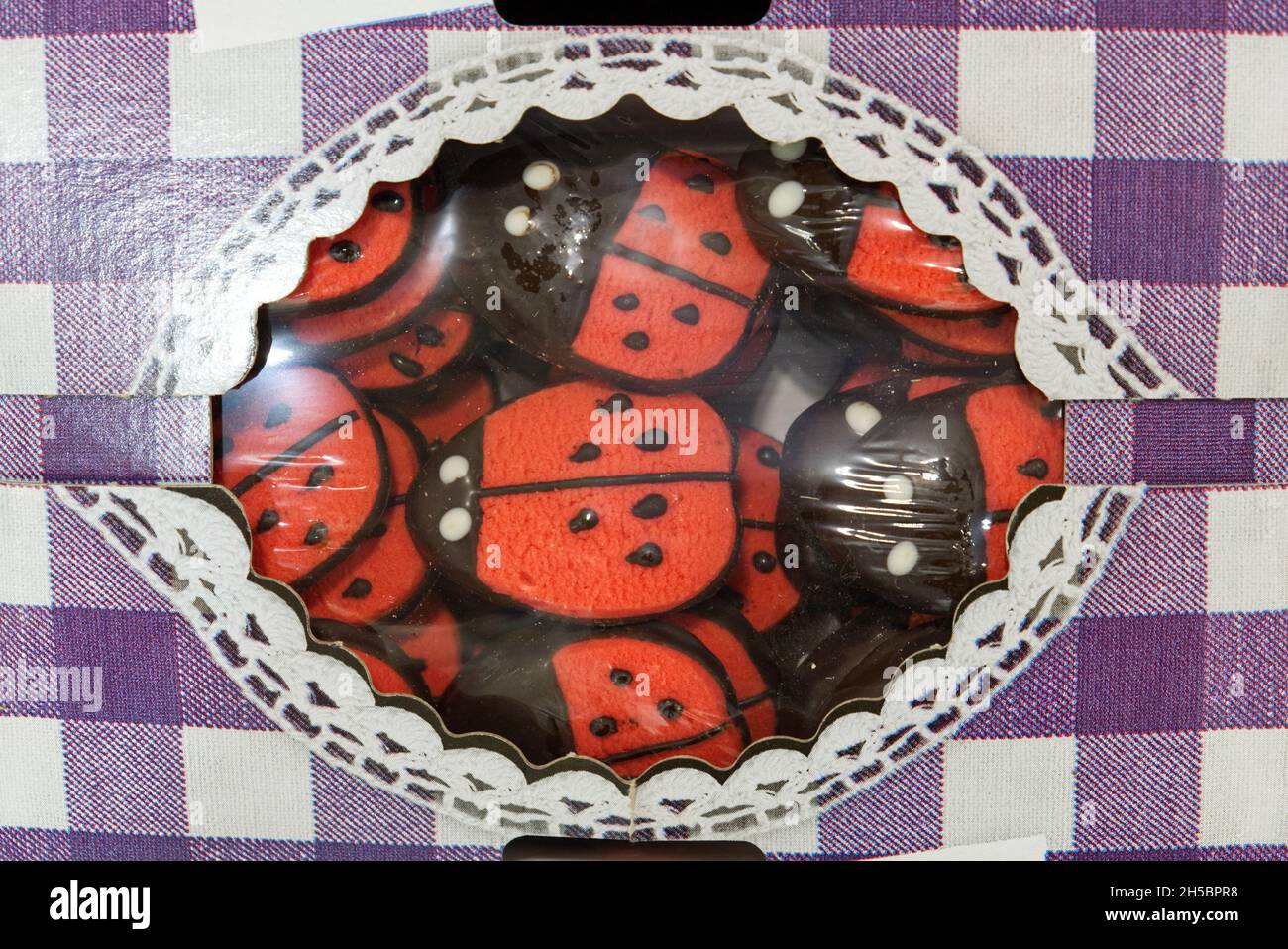 una caja de galletas de vacaciones decoradas en forma de mariquita Foto de stock