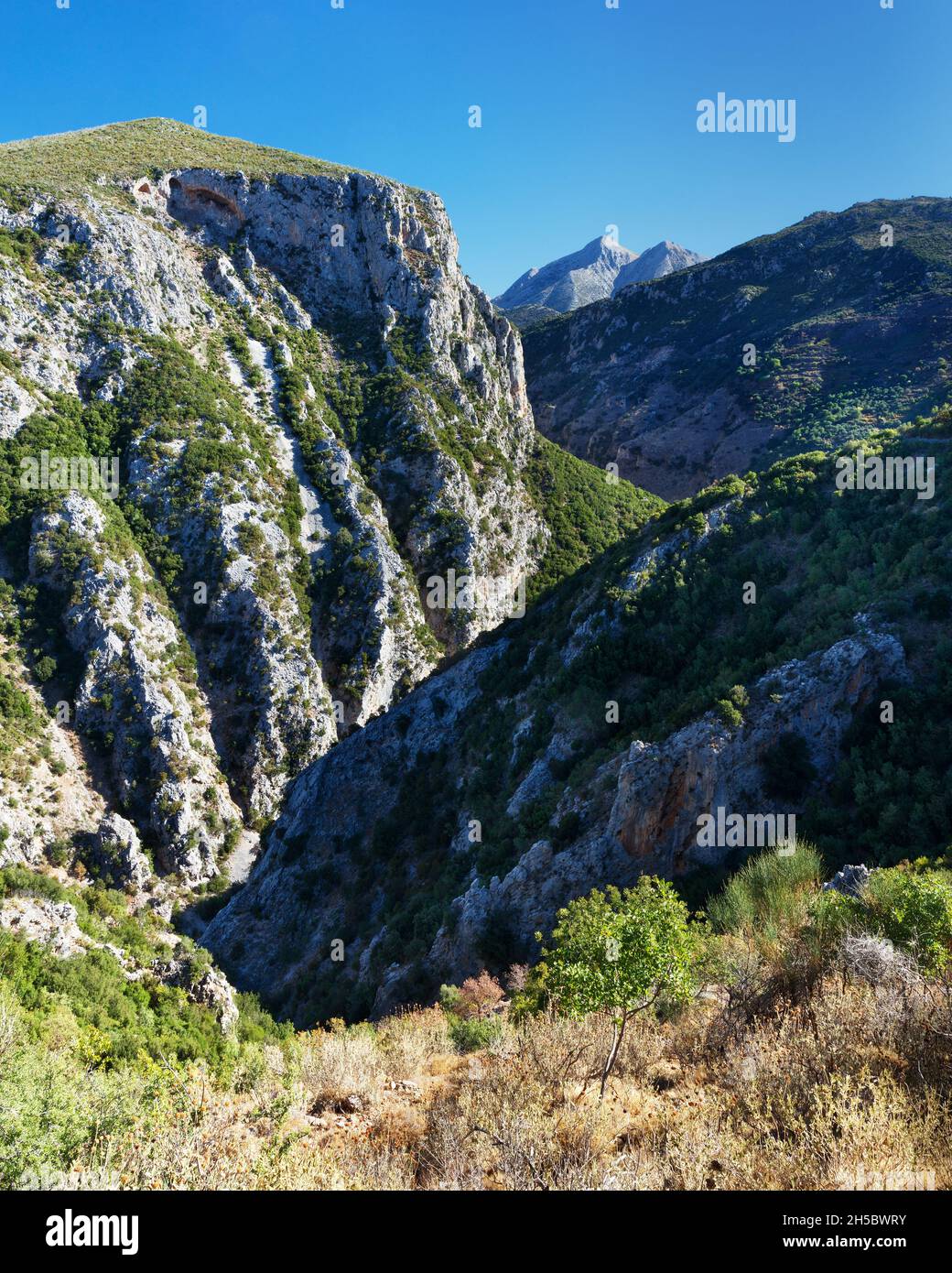 Una vista a lo largo del desfiladero de Rindomo desde el pueblo de Vorio en la península de Mani del Peloponeso meridional de Grecia Foto de stock