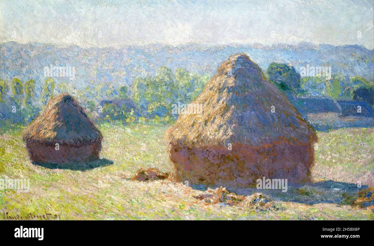 Haystacks, fin de verano por Claude Monet (1840-1926), óleo sobre lienzo, 1891 Foto de stock