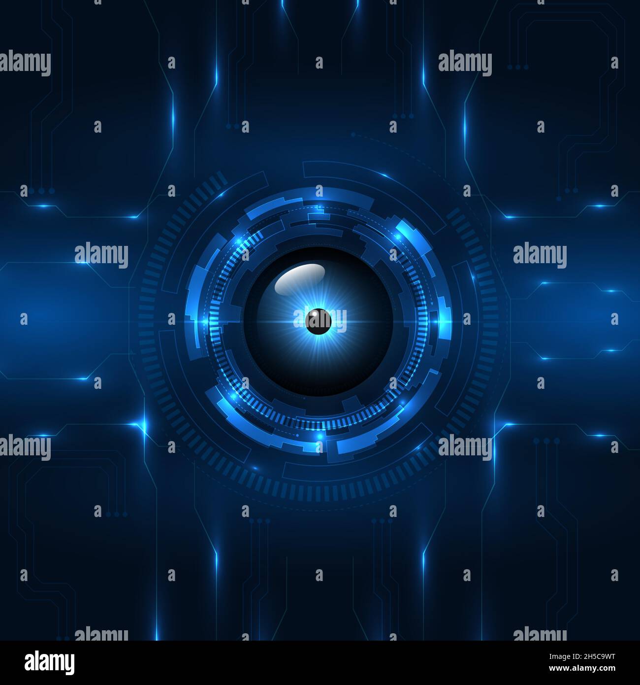 Tarjeta de circuitos Blue cyber eye tecnología digital concepto futurista fondo. Concepto de alta tecnología de placa madre electrónica. Tecnologías de ojos azules oscuros Ilustración del Vector