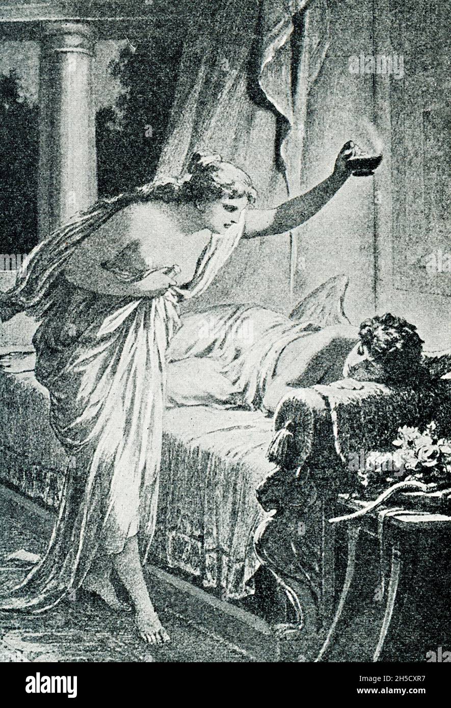 Según la mitología griega y romana, Cupido (Eros a los griegos) era el dios del amor. Su madre, Venus (Afrodita), estaba celosa de Psyche, una princesa mortal, y envió a Cupido a dispararla con una flecha de amor que la haría enamorarse de una criatura horrible. Por accidente, Cupido se engañó a sí mismo como lo hizo y revirtió el efecto en Psyche. Venus intentó sin éxito mantener los dos separados. Finalmente, Cupido y Pysche fueron autorizados a casarse, y a Psyche se le concedió inmortalidad. Aquí Pysche mira a Cuopid dormido – mito dice que una gota de la cera caliente de la vela cayó sobre Cupido, lo despertó, a. Foto de stock