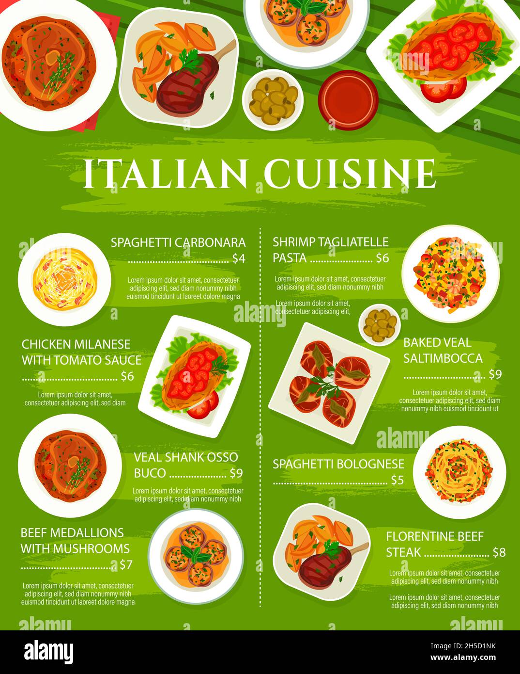 Cocina italiana y menú de pasta, restaurante italiano platos