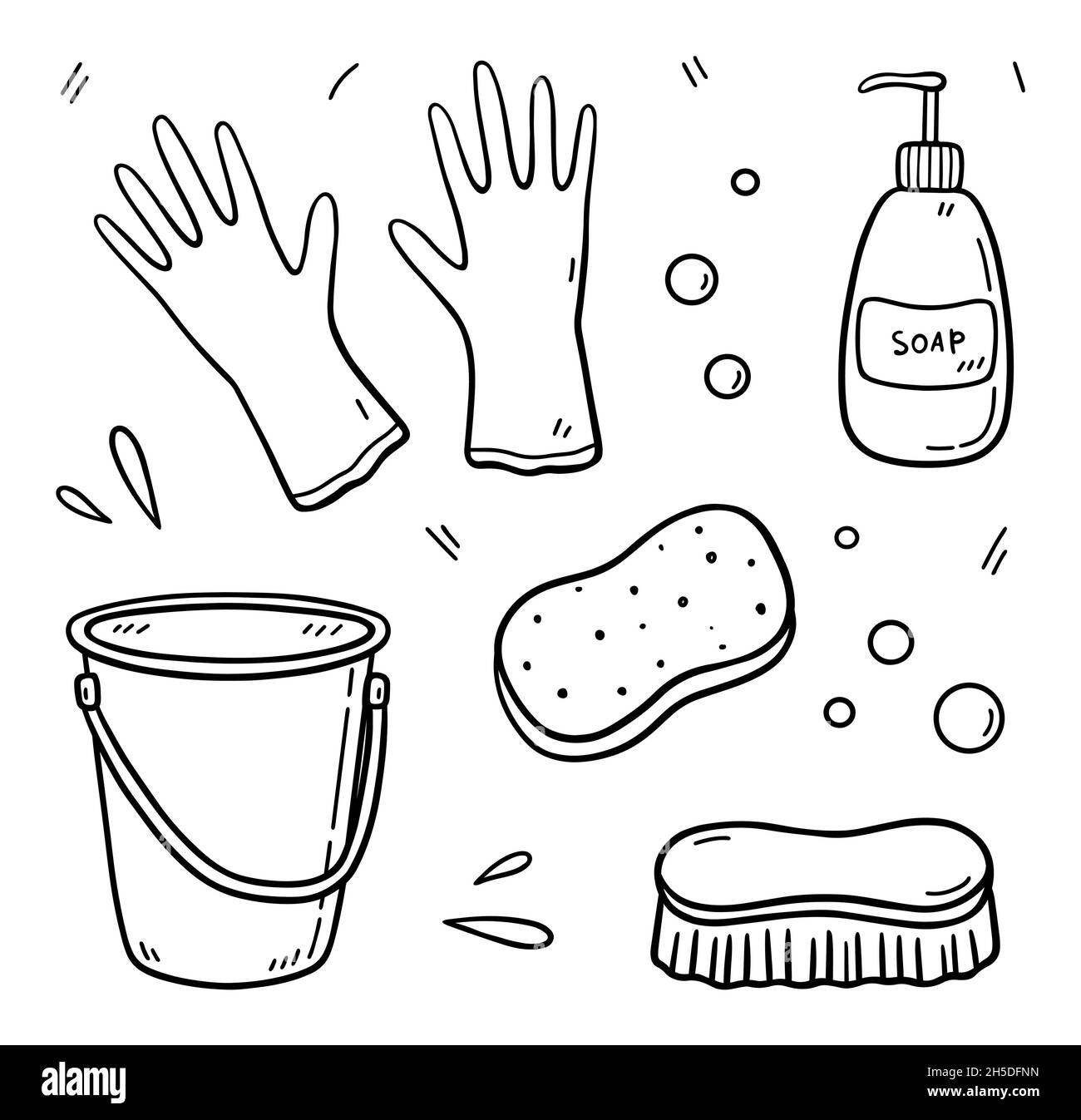 Juego de artículos de tallarines para limpieza - cubo, guantes de goma, jabón, esponja y cepillo de fregar. Equipo de trabajo para mantener la casa limpia. Ilustración vectorial dibujada a mano sobre fondo blanco. Ilustración del Vector