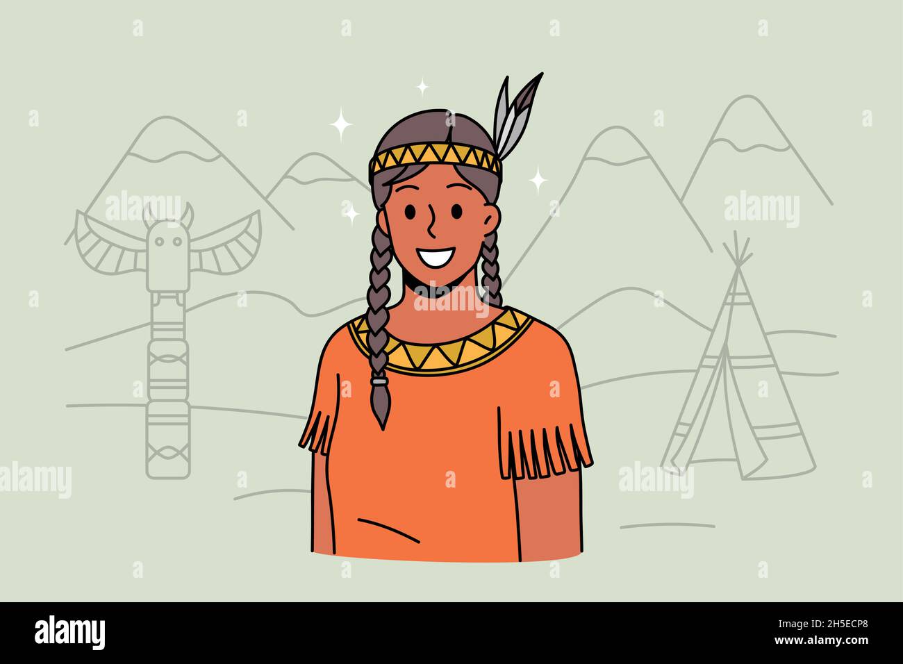 Mujer india nativa americana con ropa nacional tradicional. Sonriente joven  indígena con plumas en el cabello vestir ropa étnica. Cultura y diversidad.  Ilustración de vector plano Imagen Vector de stock - Alamy