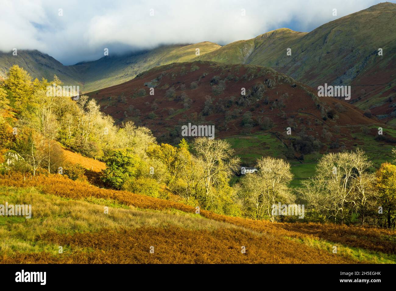 Unas vistas impresionantes del valle de Troutbeck en otoño en el distrito de los lagos Foto de stock