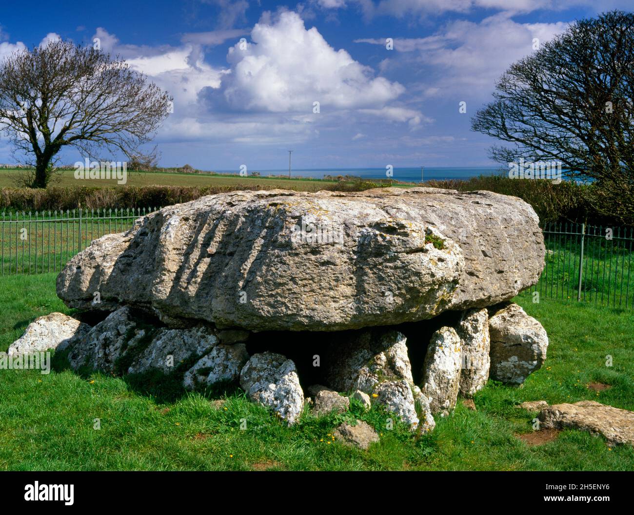 Vea NNE de la enorme piedra caliza de la cámara de entierro Neolítico de Lligwy, Anglesey, Gales, Reino Unido, apoyada en piedras bajas sobre un foso parcialmente cortado en roca Foto de stock