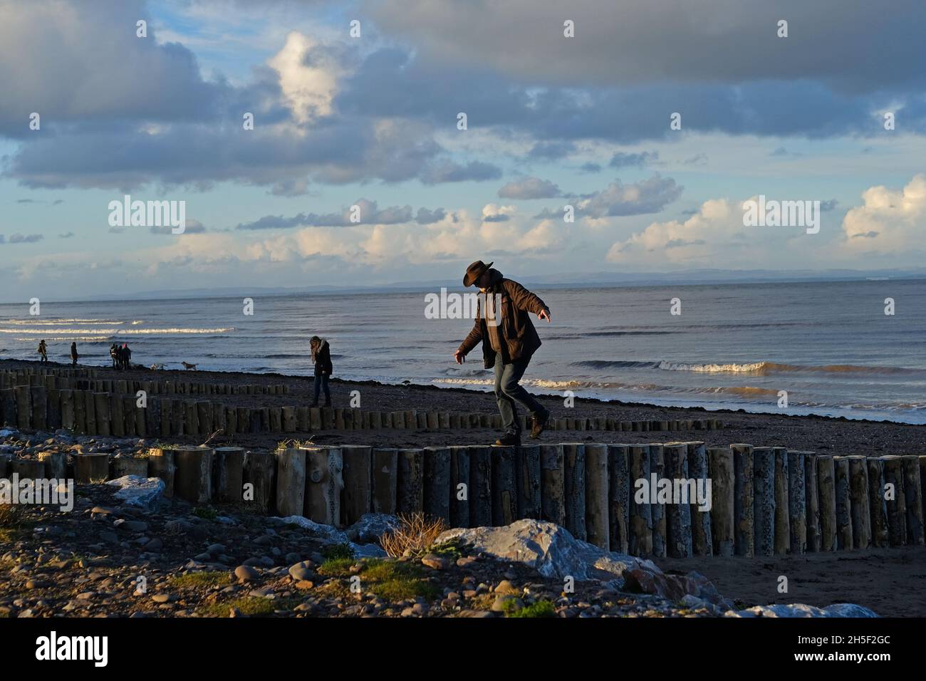 Un hombre mayor balanceándose, caminando sobre un gryne de madera en la playa de Dunster. Foto de stock