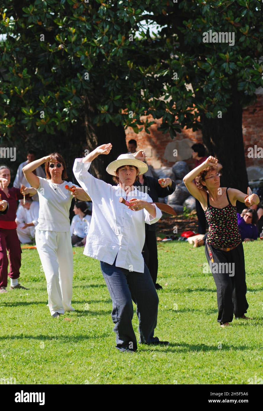 grupo de mujeres practicando tai chi en el parque Foto de stock