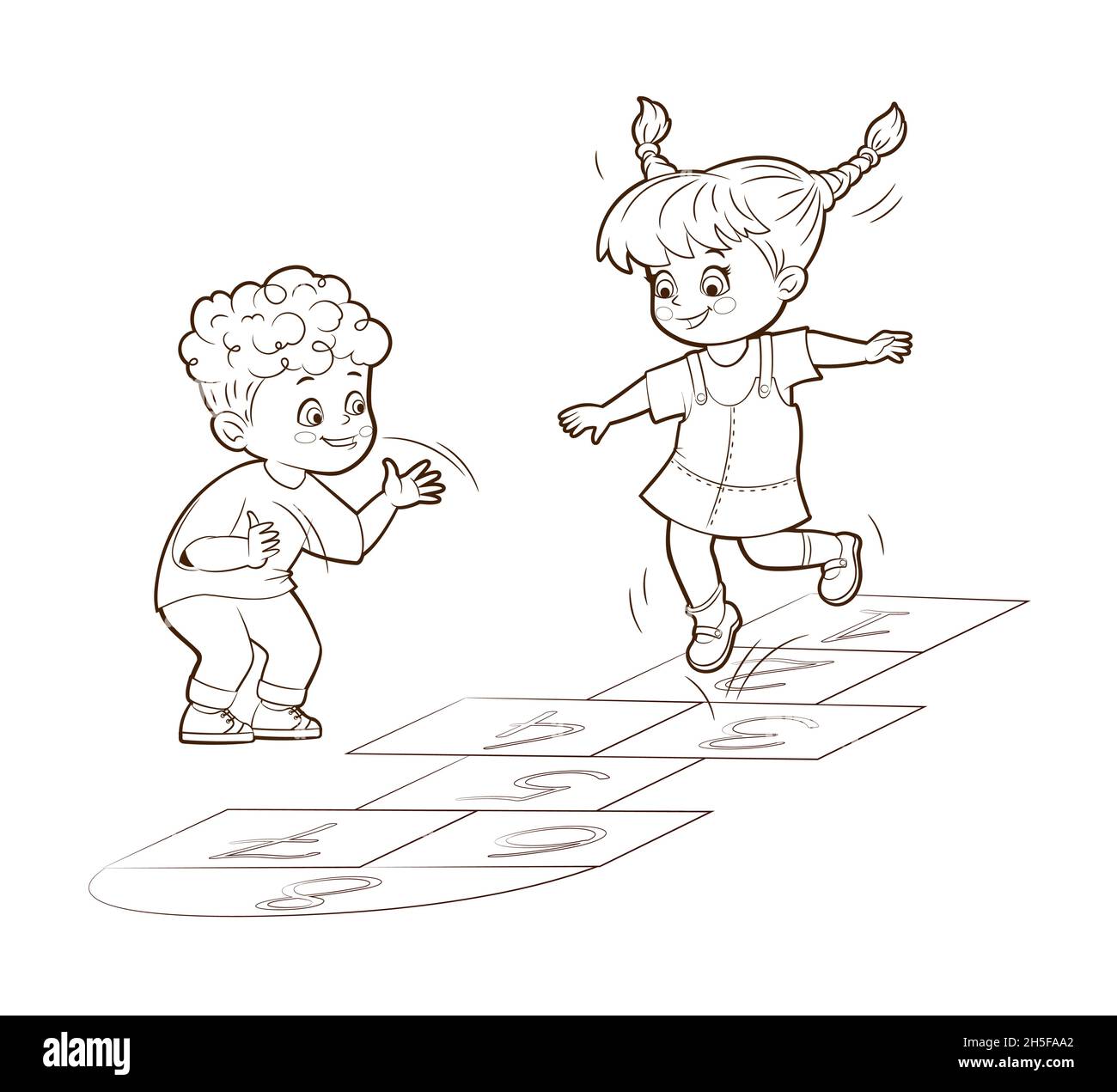 Libro para colorear Niños pequeños, chico y chica, saltando diversión,  jugando hopscotch. Ilustración vectorial en estilo de dibujos animados,  líneas de arte aisladas en blanco y negro Imagen Vector de stock -