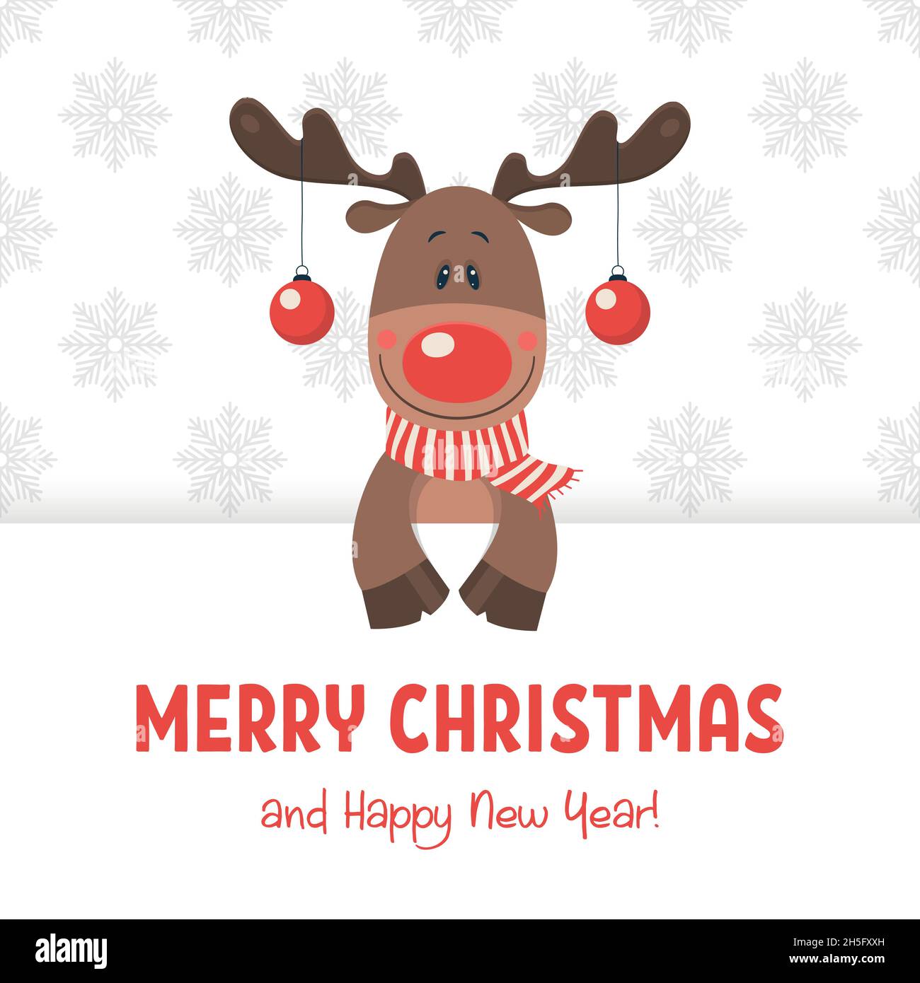 Feliz Navidad y Feliz Año Nuevo Postal. Reno de Navidad Vector con bolas de Navidad en los cuernos en estilo plano. Plantilla de diseño. Dibujos animados Imagen Vector de stock - Alamy Feliz Navidad y Feliz Año Nuevo Postal. Reno de Navidad Vector con bolas de Navidad en los cuernos en estilo plano. Plantilla de diseño. Dibujos animados Imagen Vector de stock - Alamy
