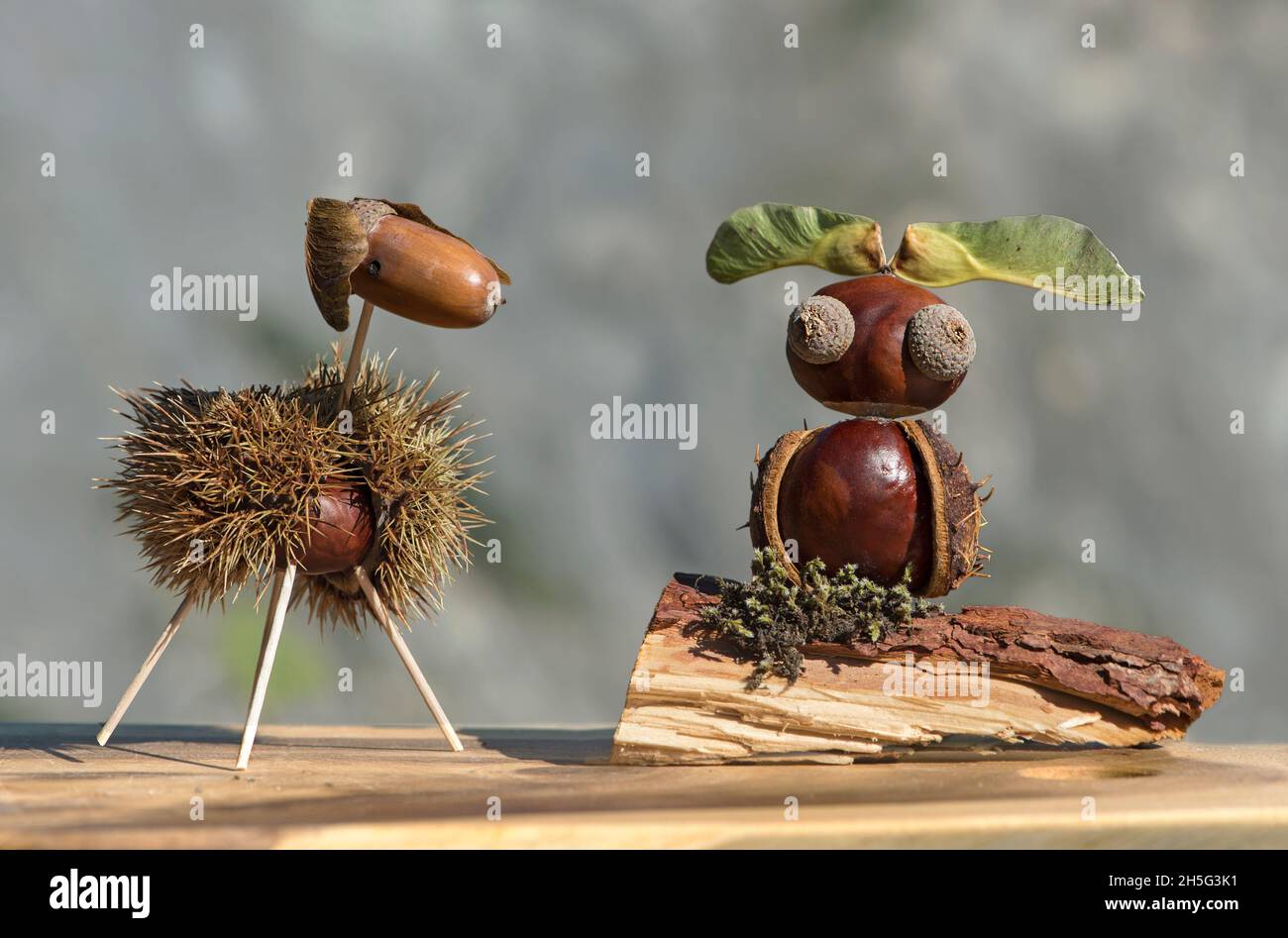 Ovejas y búhos, figuras animales graciosas hechas de castañas y bellotas de roble en otoño, Suiza Foto de stock