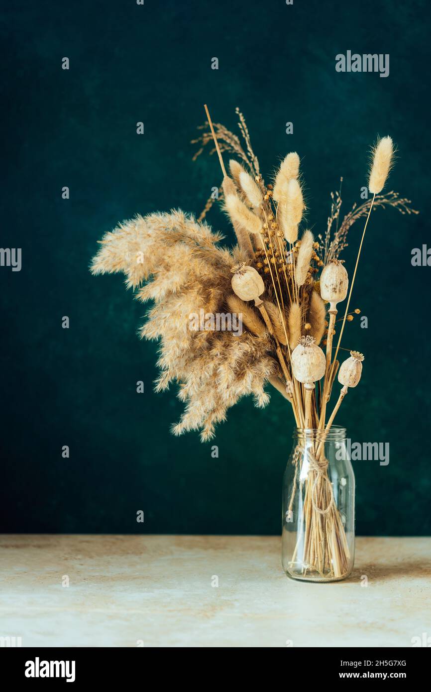 Ramo de flores secas de color beige en un jarrón de cristal sobre fondo verde azul. Concepto de decoración del hogar. Foto de stock