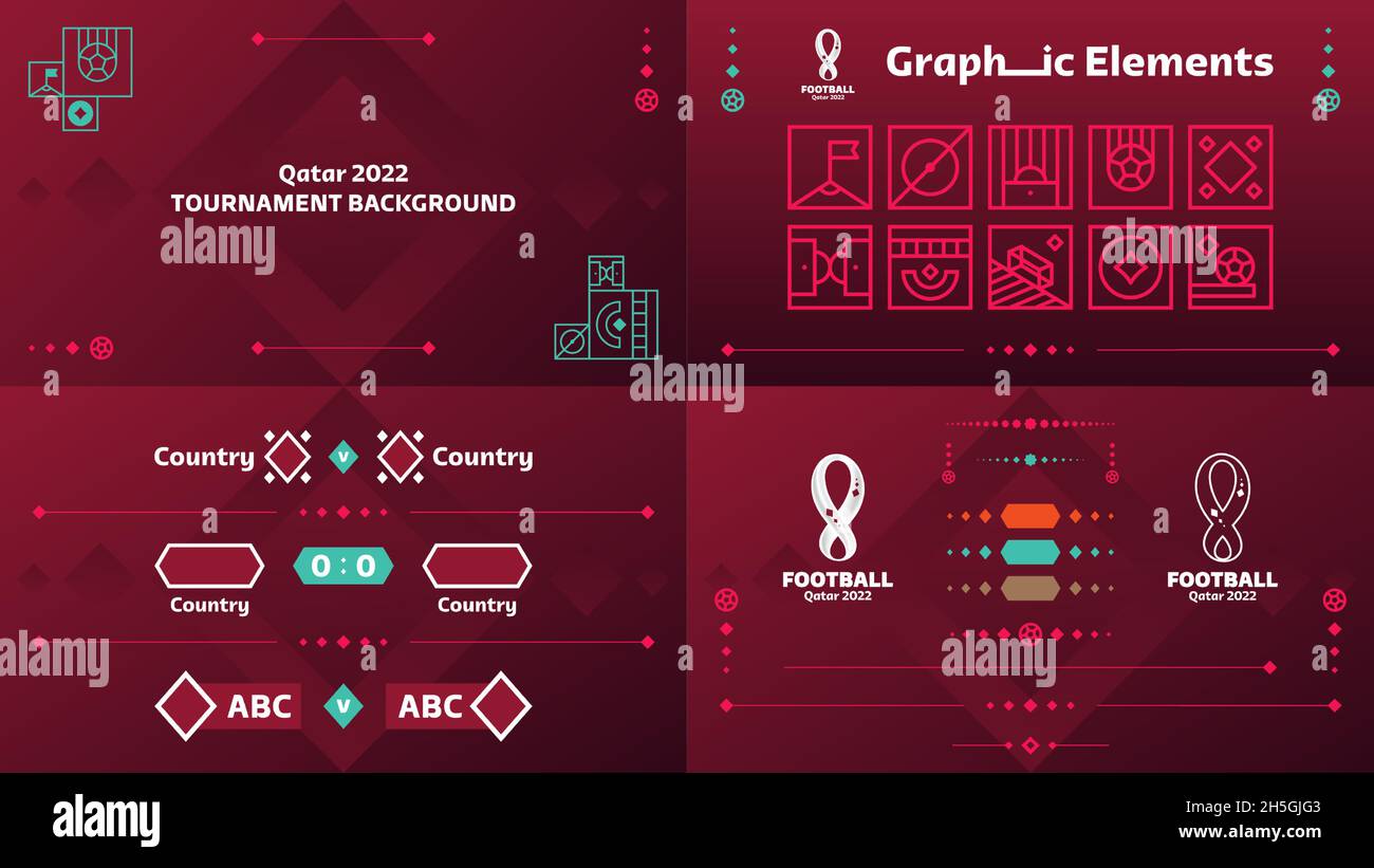 Qatar 2022 Juego de vectores con elementos de diseño de fútbol o campeonato de fútbol. Qatar 2022 color de fondo oficial con logotipo. Vectores, Banners, Posters, Soci Imagen Vector de stock - Alamy